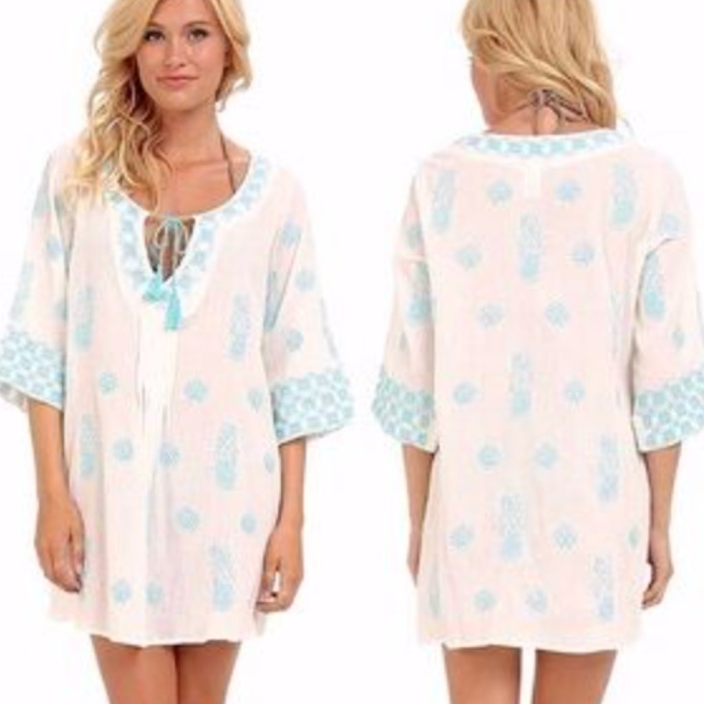 Trina Turk Ivory And Aqua Embroidered Cotton Tunic - Size S